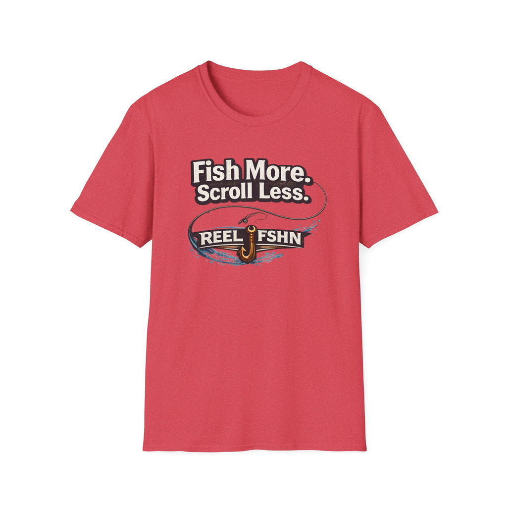 Red Comfort Colors t-shirt with "Fish More. Scroll Less." and "REEL FSHN" fishing hook graphic.