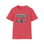 Red Comfort Colors t-shirt with "Fish More. Scroll Less." and "REEL FSHN" fishing hook graphic.