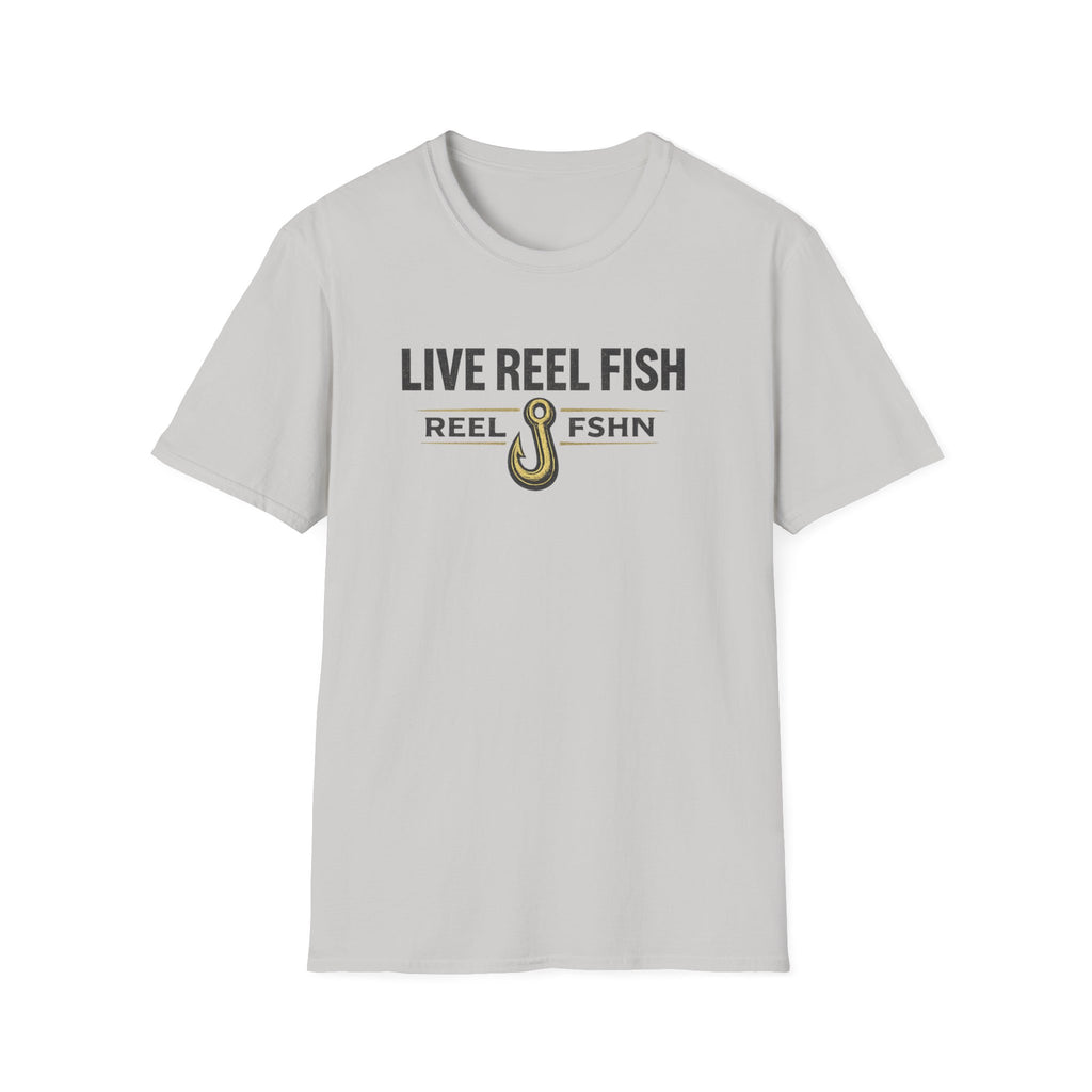 Light gray Comfort Colors unisex t-shirt with "LIVE REEL FISH" text and a fishing hook graphic.