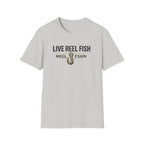 Light gray Comfort Colors unisex t-shirt with "LIVE REEL FISH" text and a fishing hook graphic.
