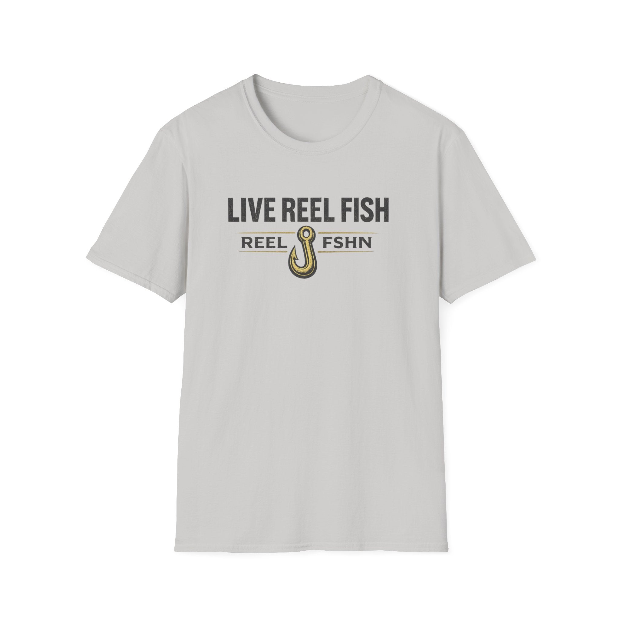 Light gray Comfort Colors unisex t-shirt with "LIVE REEL FISH" text and a fishing hook graphic.