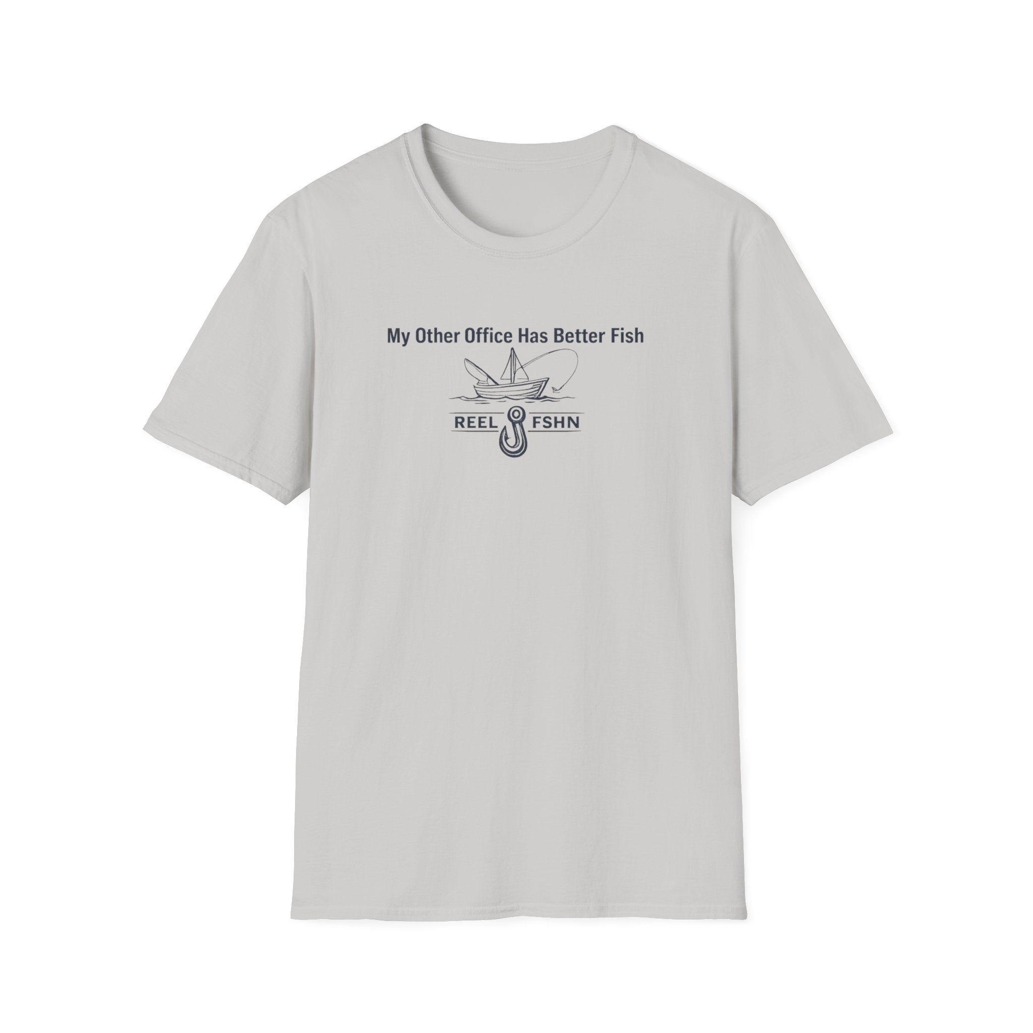 Light gray Comfort Colors cotton t-shirt with "My Other Office Has Better Fish" text, boat, and fishing hook graphic.