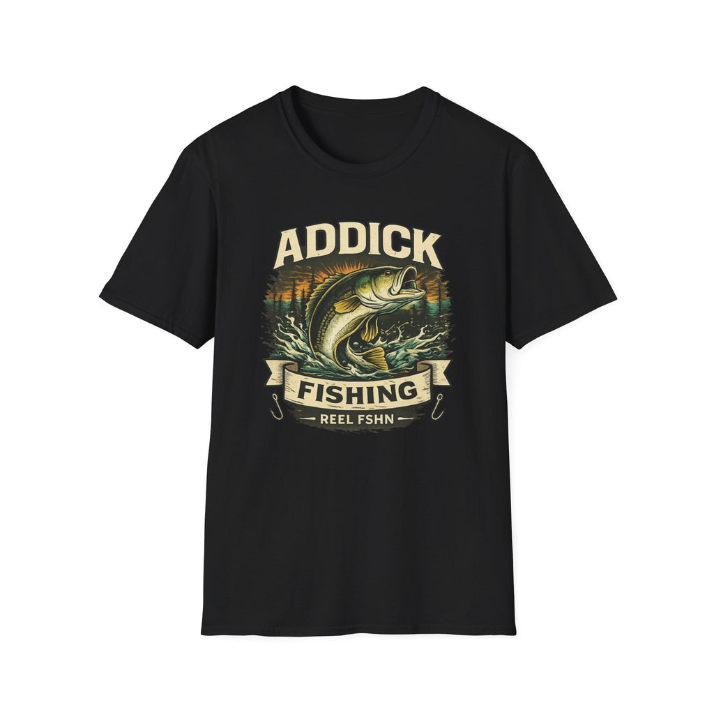 Black unisex Comfort Colors t-shirt with a vintage-style bass fish jumping design and "ADDICK FISHING" text.