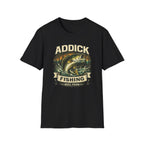 Black unisex Comfort Colors t-shirt with a vintage-style bass fish jumping design and "ADDICK FISHING" text.