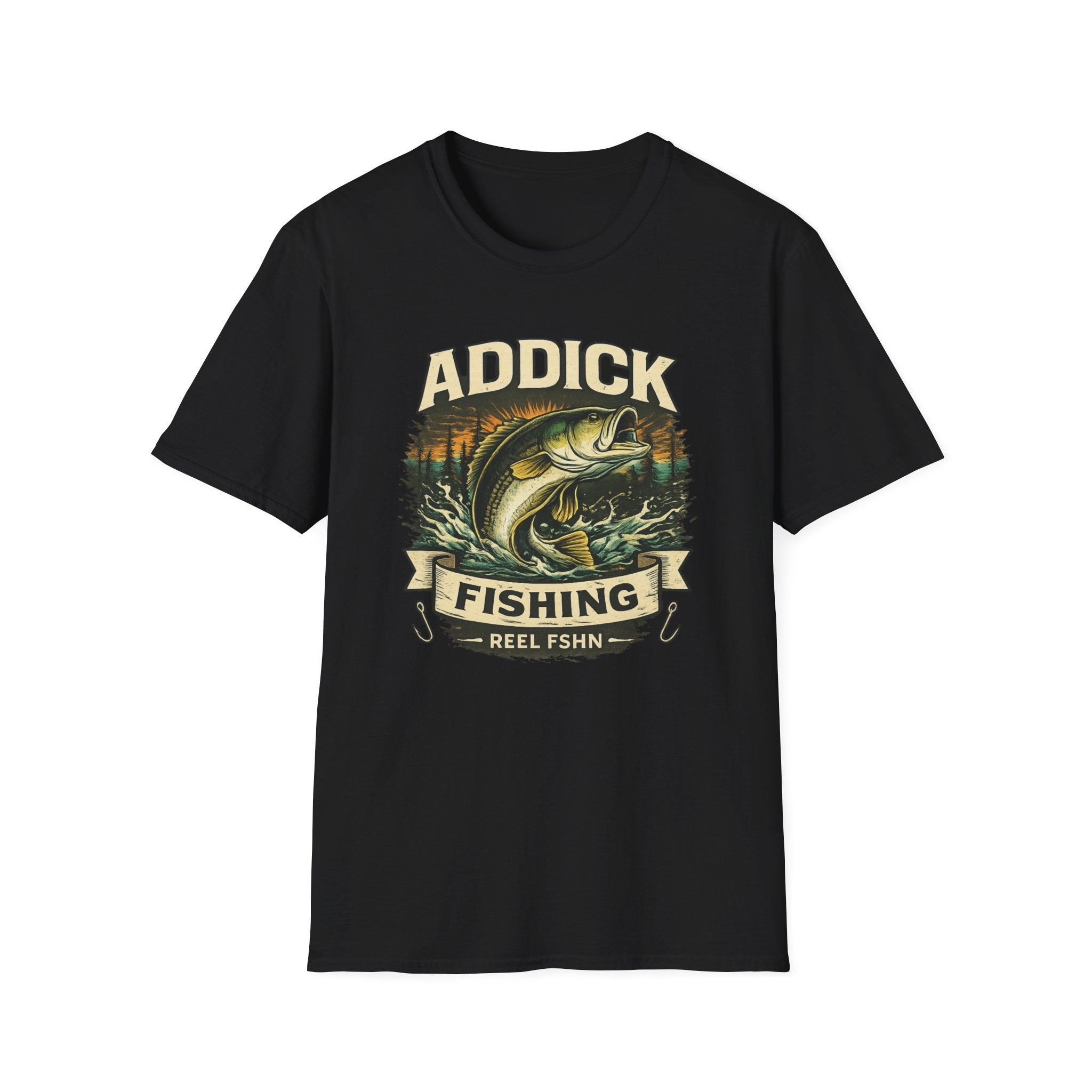 Black unisex Comfort Colors t-shirt with a vintage-style bass fish jumping design and "ADDICK FISHING" text.