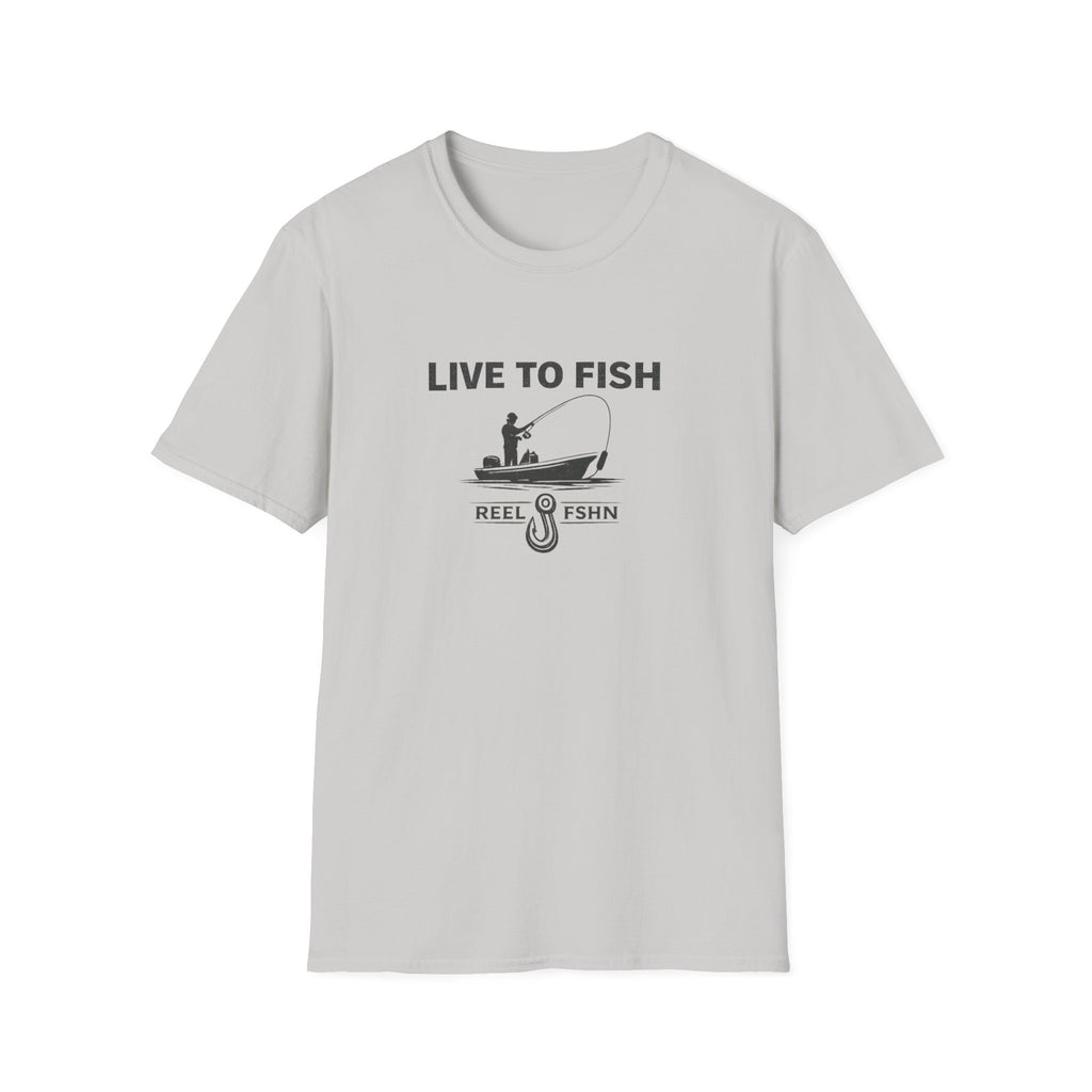 Light gray Comfort Colors unisex t-shirt with "LIVE TO FISH" text, a boat, angler, and fishing hook graphic.