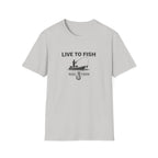 Light gray Comfort Colors unisex t-shirt with "LIVE TO FISH" text, a boat, angler, and fishing hook graphic.