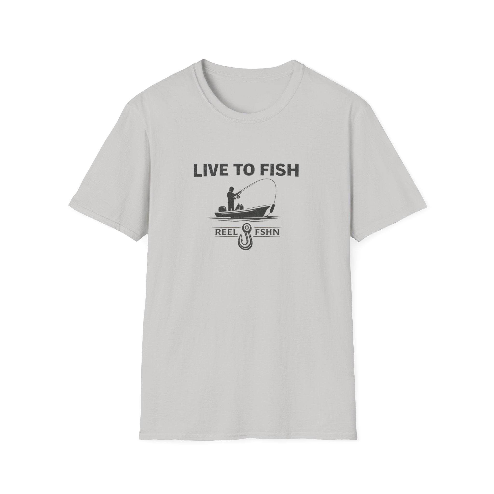 Light gray Comfort Colors unisex t-shirt with "LIVE TO FISH" text, a boat, angler, and fishing hook graphic.