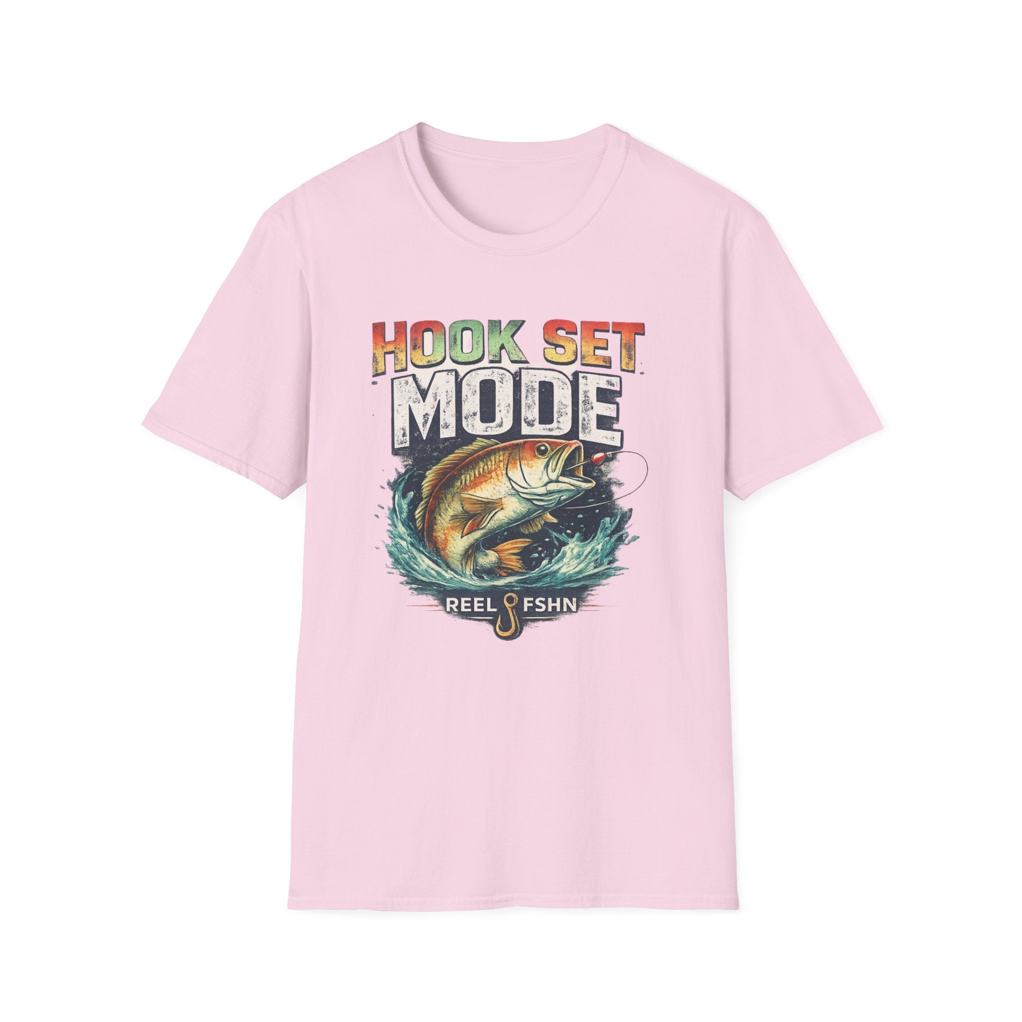 Pink Comfort Colors t-shirt with "HOOK SET MODE" and a bass jumping from water design.