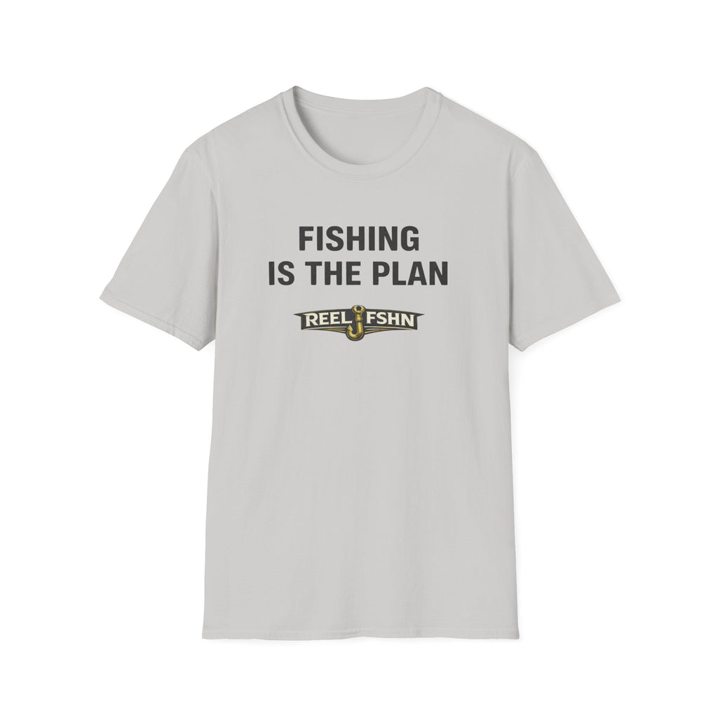 Light gray Comfort Colors unisex t-shirt with "FISHING IS THE PLAN" and "REEL FSHN" fishing hook graphic.