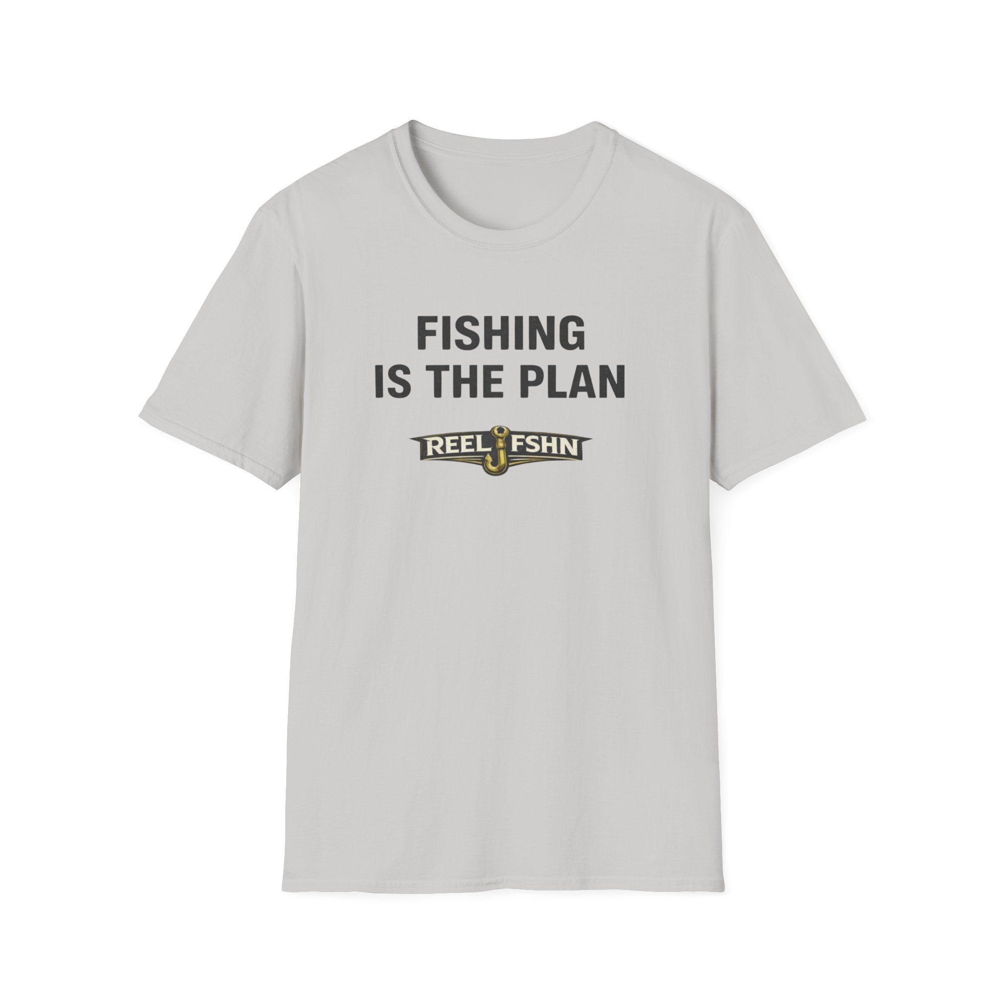 Light gray Comfort Colors unisex t-shirt with "FISHING IS THE PLAN" and "REEL FSHN" fishing hook graphic.