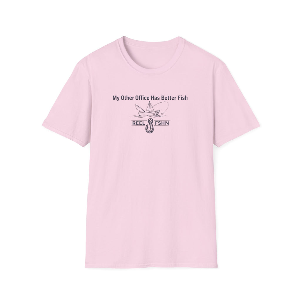 Light pink Comfort Colors cotton t-shirt with "My Other Office Has Better Fish" text and fishing boat graphic.