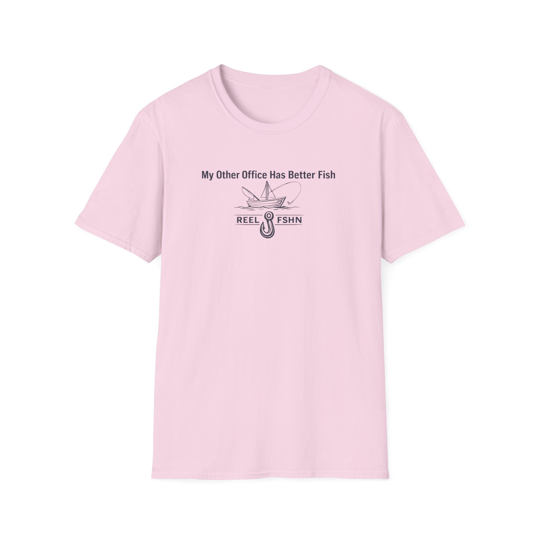 Light pink Comfort Colors cotton t-shirt with "My Other Office Has Better Fish" text and fishing boat graphic.