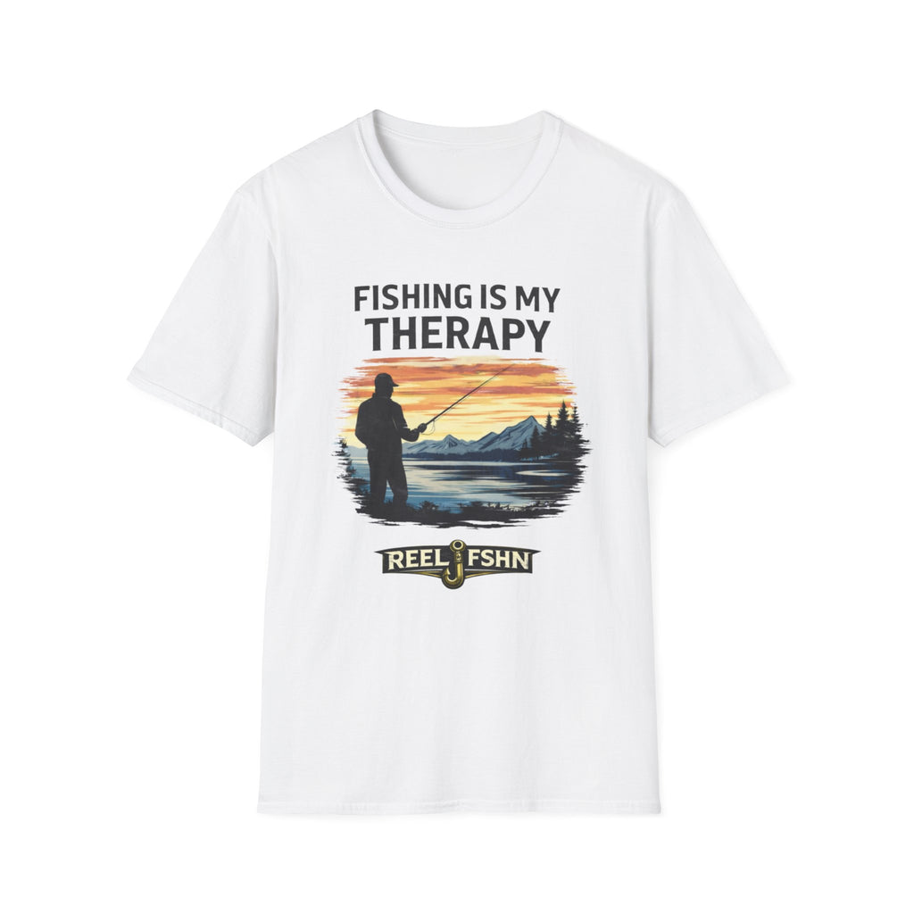 White Comfort Colors unisex t-shirt with "Fishing Is My Therapy" text and a graphic of a fisherman at sunset.