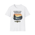 White Comfort Colors unisex t-shirt with "Fishing Is My Therapy" text and a graphic of a fisherman at sunset.