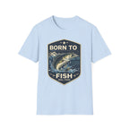 Light blue Comfort Colors unisex t-shirt with a vintage "Born to Fish" bass graphic.