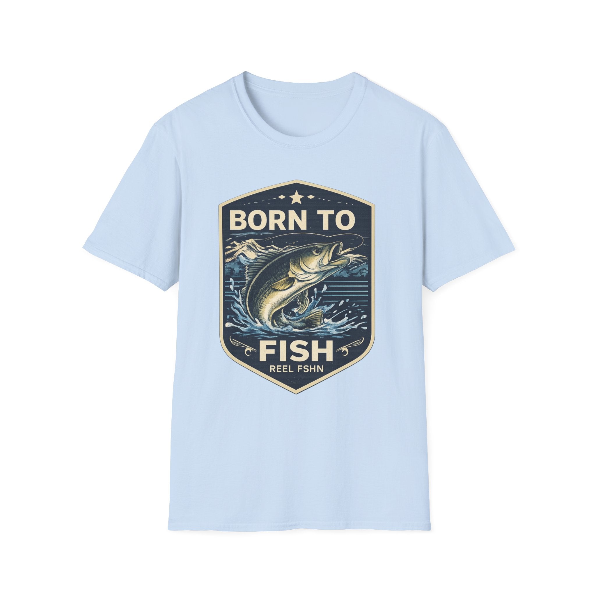 Light blue Comfort Colors unisex t-shirt with a vintage "Born to Fish" bass graphic.