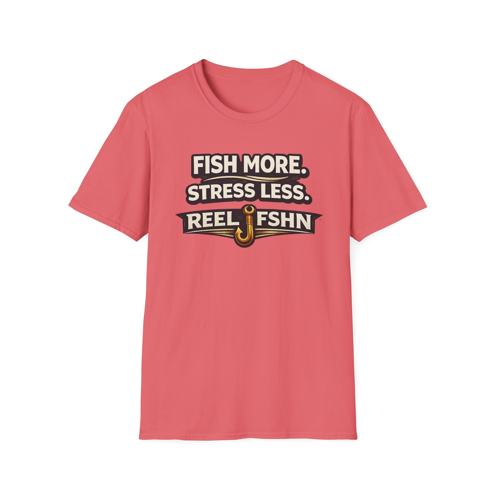 Coral Comfort Colors t-shirt with "FISH MORE. STRESS LESS. REEL FSHN" text and a fishing hook graphic.