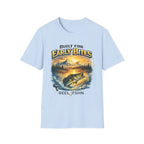 Light blue Comfort Colors cotton tee with a "Built for Early Bites" graphic of a bass jumping from water at sunrise.