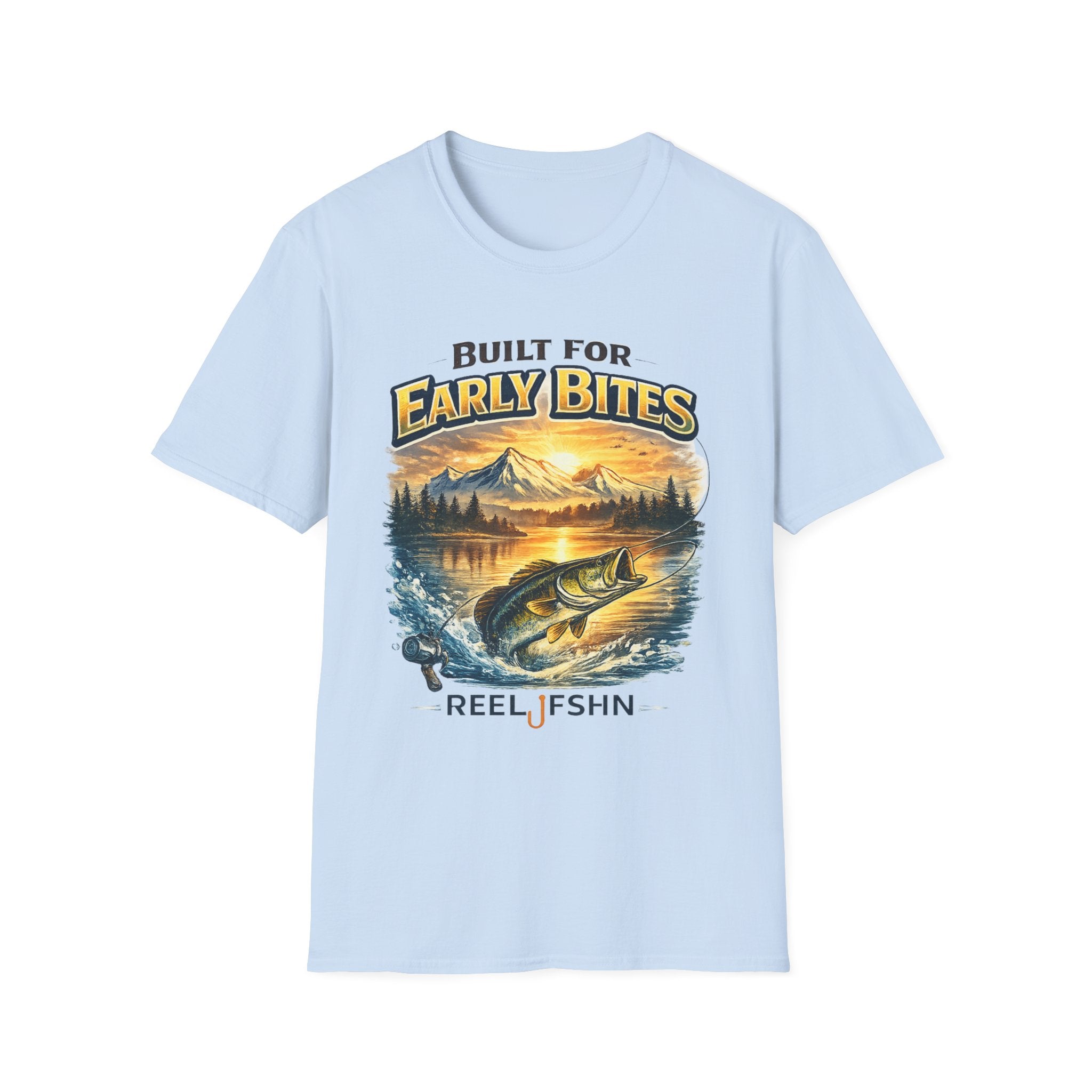 Light blue Comfort Colors cotton tee with a "Built for Early Bites" graphic of a bass jumping from water at sunrise.