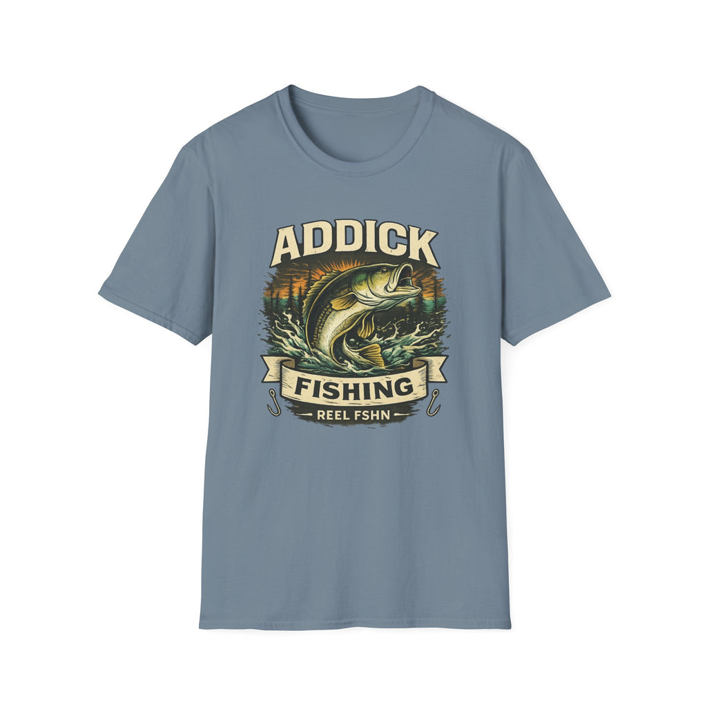 Unisex Comfort Colors blue t-shirt with "Addick Fishing" graphic featuring a jumping bass and sunset.