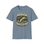 Unisex Comfort Colors blue t-shirt with "Addick Fishing" graphic featuring a jumping bass and sunset.