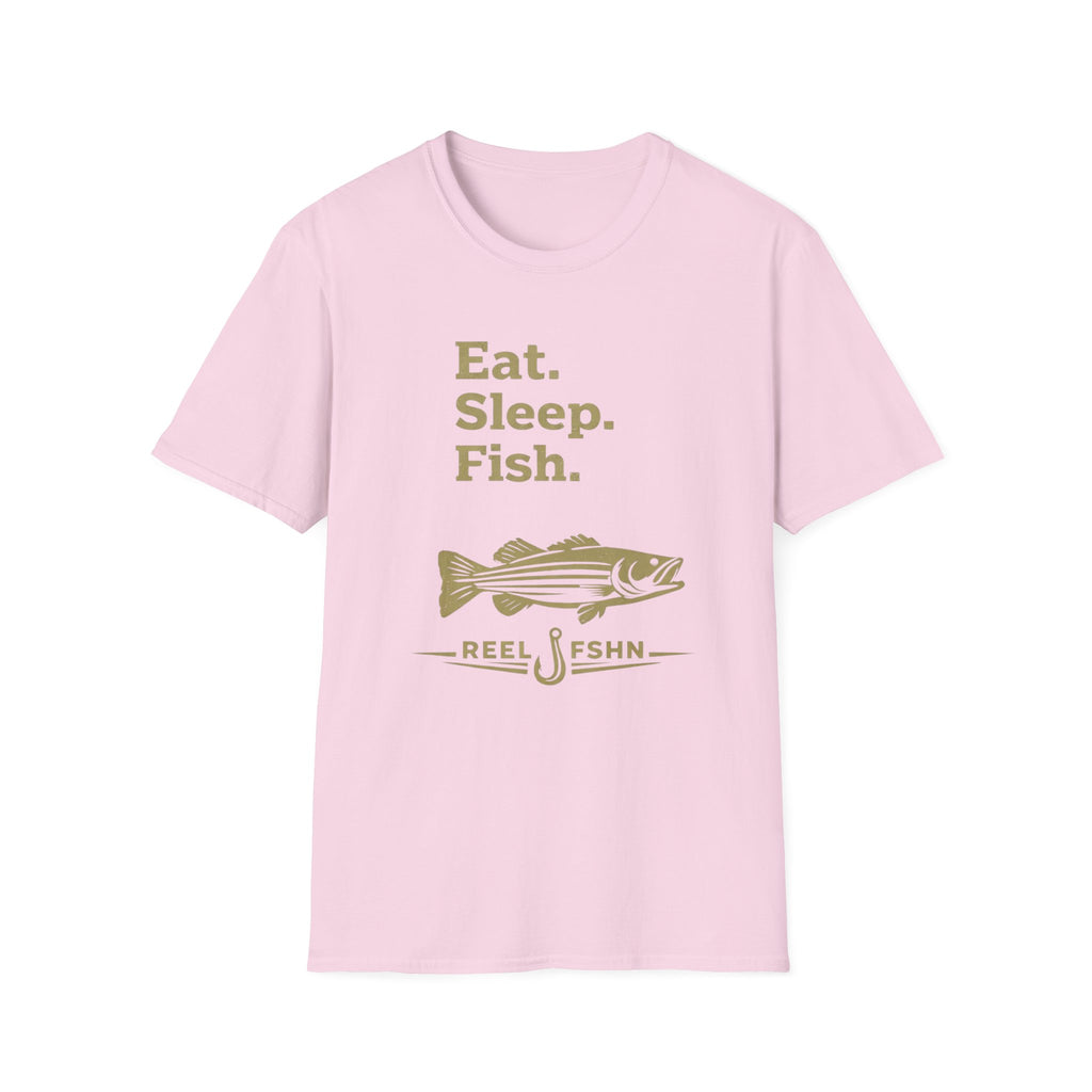Pink Comfort Colors unisex t-shirt with "Eat. Sleep. Fish." text and a striped bass graphic in olive green.