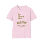 Pink Comfort Colors unisex t-shirt with "Eat. Sleep. Fish." text and a striped bass graphic in olive green.