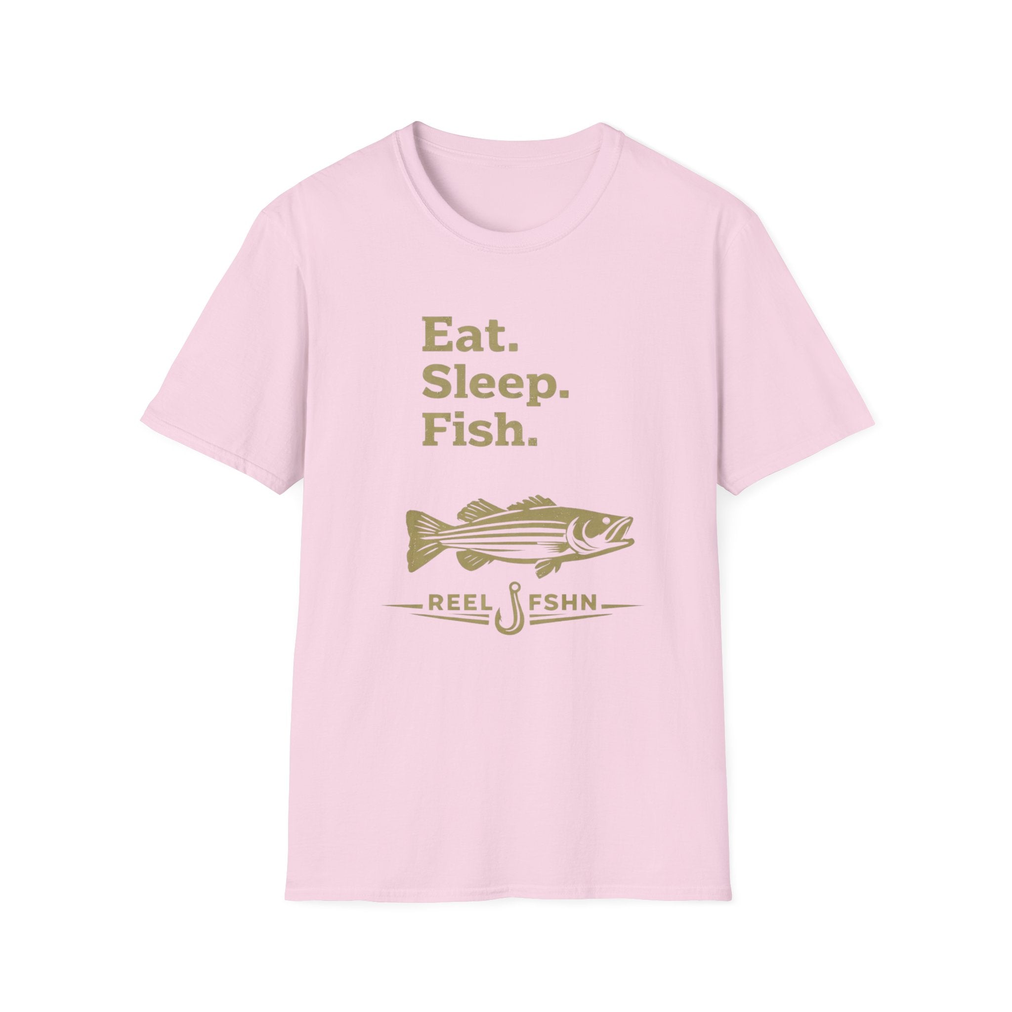 Pink Comfort Colors unisex t-shirt with "Eat. Sleep. Fish." text and a striped bass graphic in olive green.