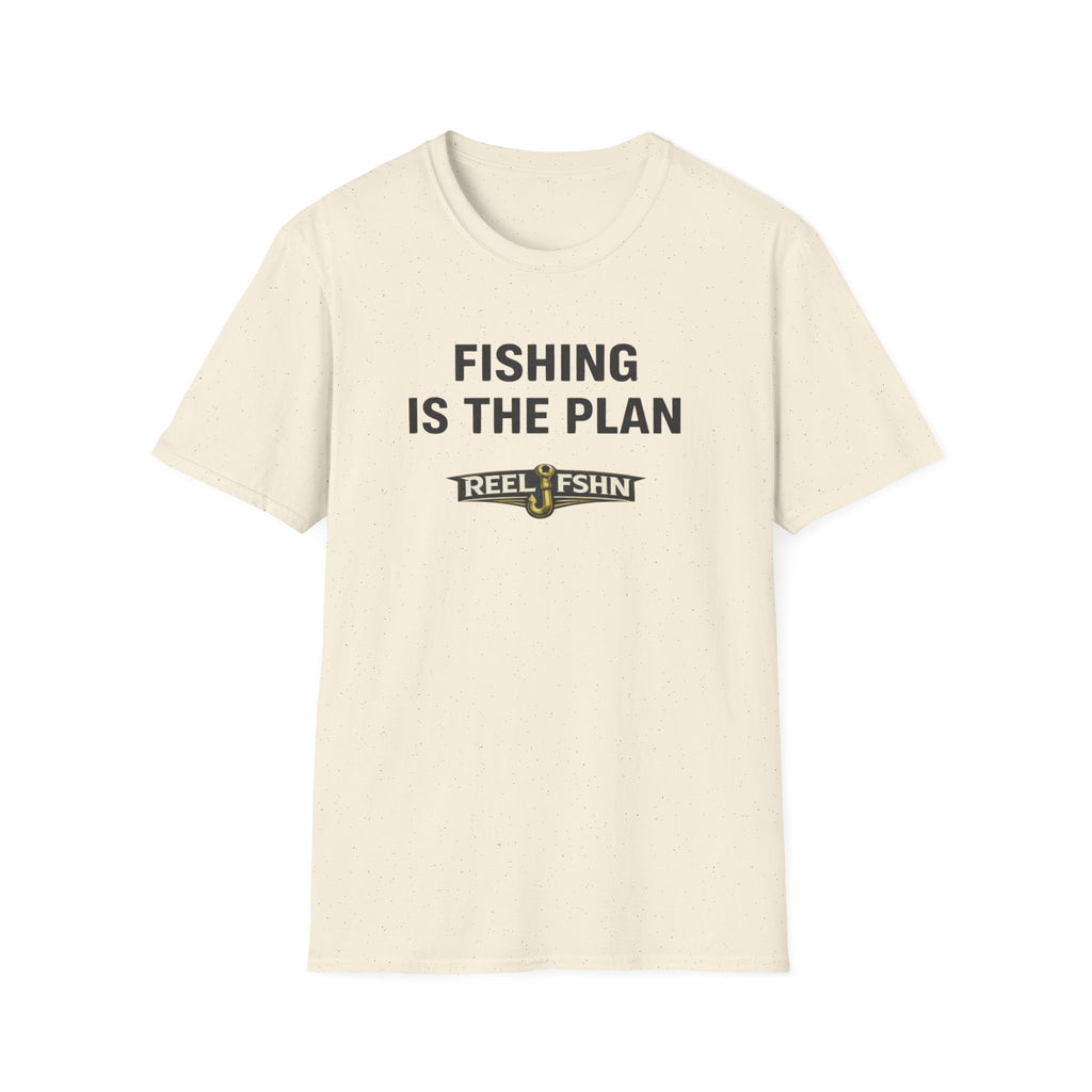 Comfort Colors unisex cream t-shirt with "Fishing Is The Plan" and "REEL FSHN" fishing hook graphic.