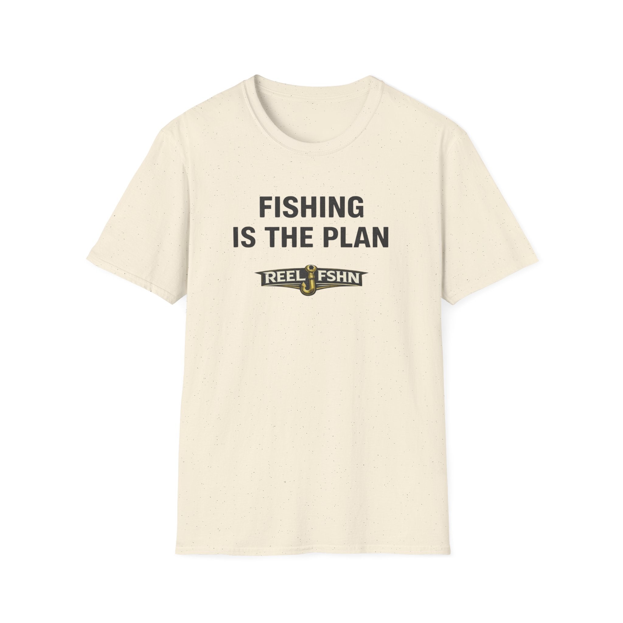 Comfort Colors unisex cream t-shirt with "Fishing Is The Plan" and "REEL FSHN" fishing hook graphic.