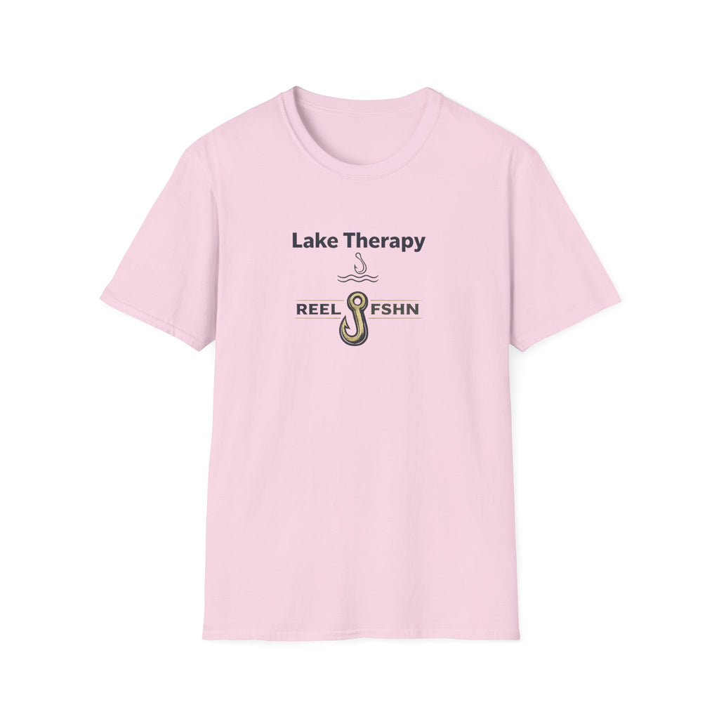 Pink Comfort Colors unisex t-shirt with "Lake Therapy" text and a fishing hook graphic.