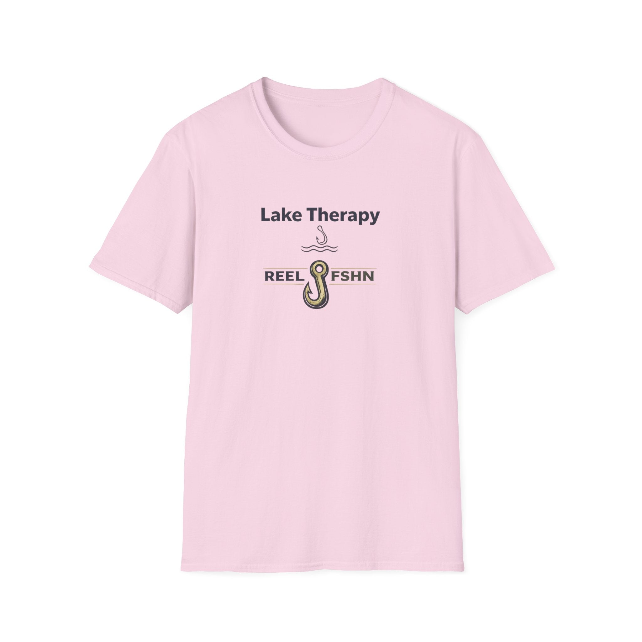 Pink Comfort Colors unisex t-shirt with "Lake Therapy" text and a fishing hook graphic.
