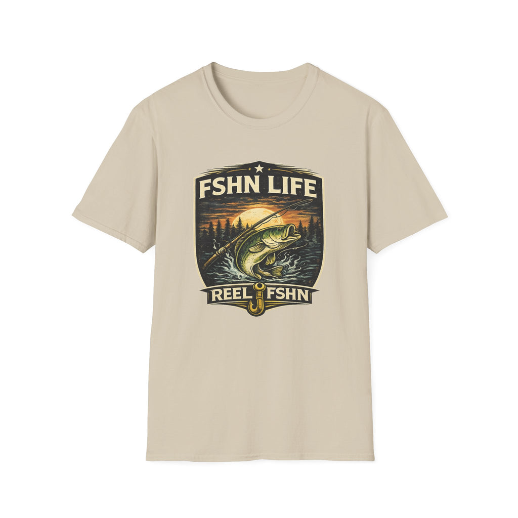 FSHN Life T-shirt in sand, featuring a bass jumping from water with a sunset and forest graphic.