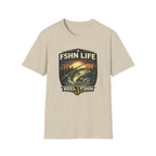 FSHN Life T-shirt in sand, featuring a bass jumping from water with a sunset and forest graphic.