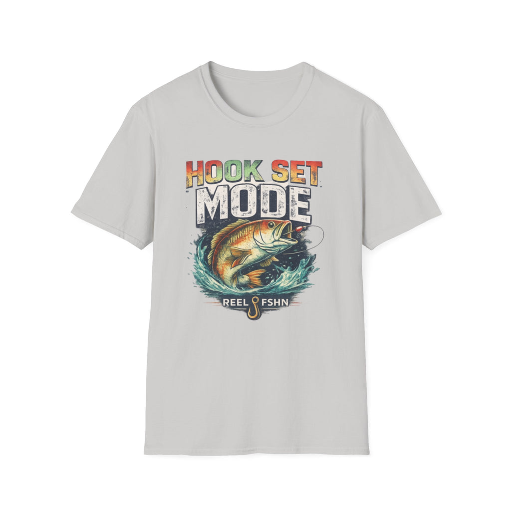 Light gray Comfort Colors t-shirt with "HOOK SET MODE" text and a bass jumping from water design.
