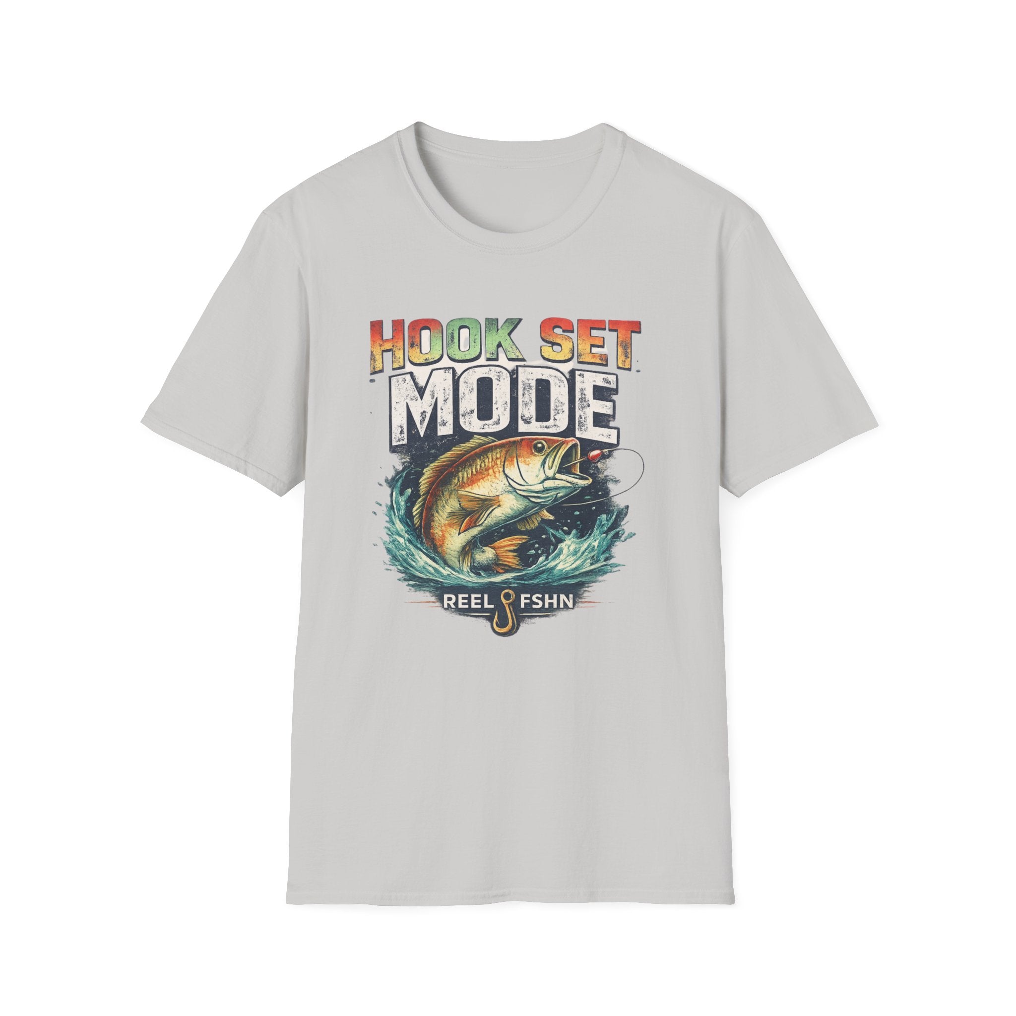 Light gray Comfort Colors t-shirt with "HOOK SET MODE" text and a bass jumping from water design.