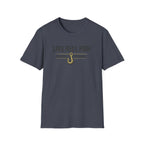 Comfort Colors navy blue t-shirt with "LIVE REEL FISH" text and a gold fishing hook graphic.