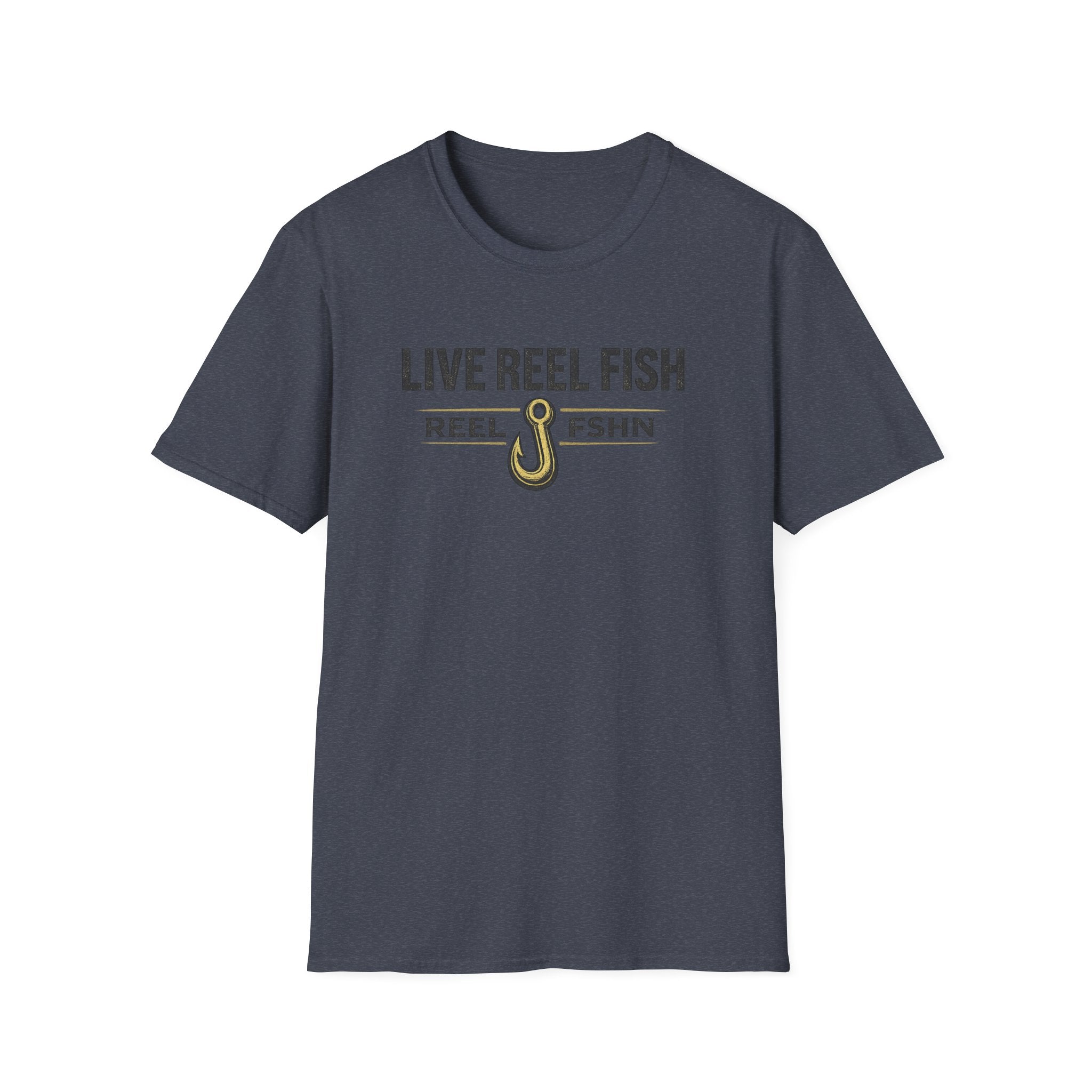 Comfort Colors navy blue t-shirt with "LIVE REEL FISH" text and a gold fishing hook graphic.
