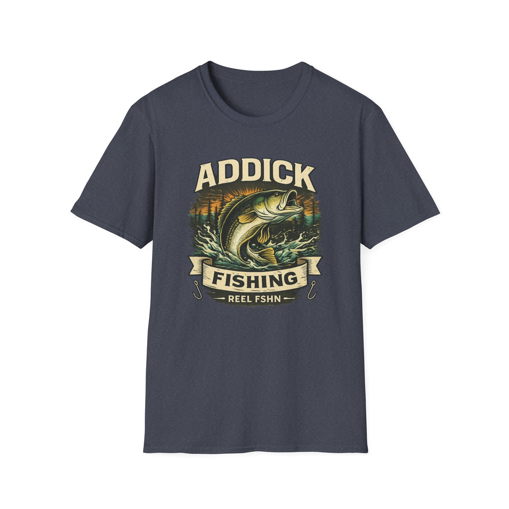 Unisex navy blue Comfort Colors t-shirt with a vintage-style bass fish jumping design and "Addick Fishing" text.
