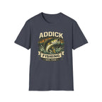 Unisex navy blue Comfort Colors t-shirt with a vintage-style bass fish jumping design and "Addick Fishing" text.