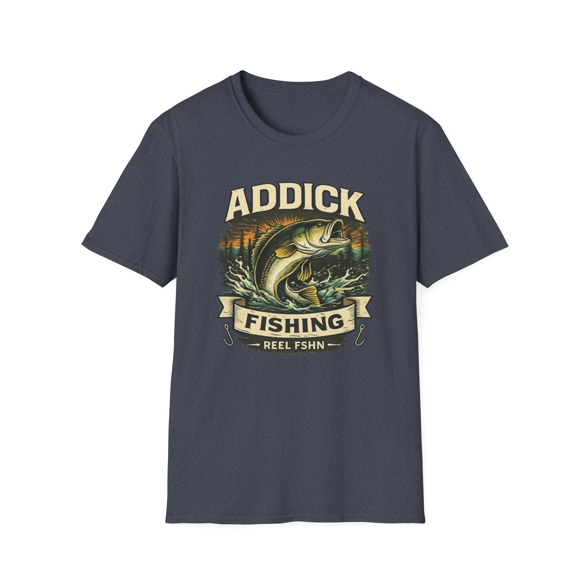 Unisex navy blue Comfort Colors t-shirt with a vintage-style bass fish jumping design and "Addick Fishing" text.