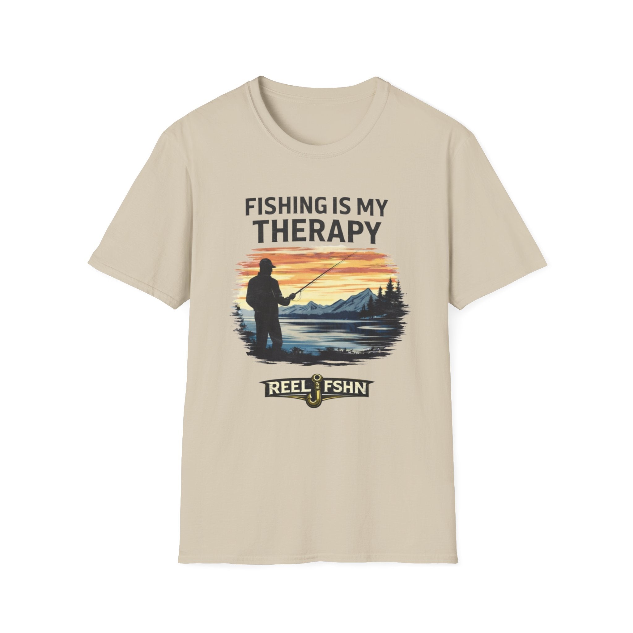 Beige Comfort Colors t-shirt with "Fishing Is My Therapy" text and a graphic of a fisherman at sunset.