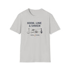 Light gray Comfort Colors t-shirt with "Hook, Line & Sinker" text and fishing reel graphic.