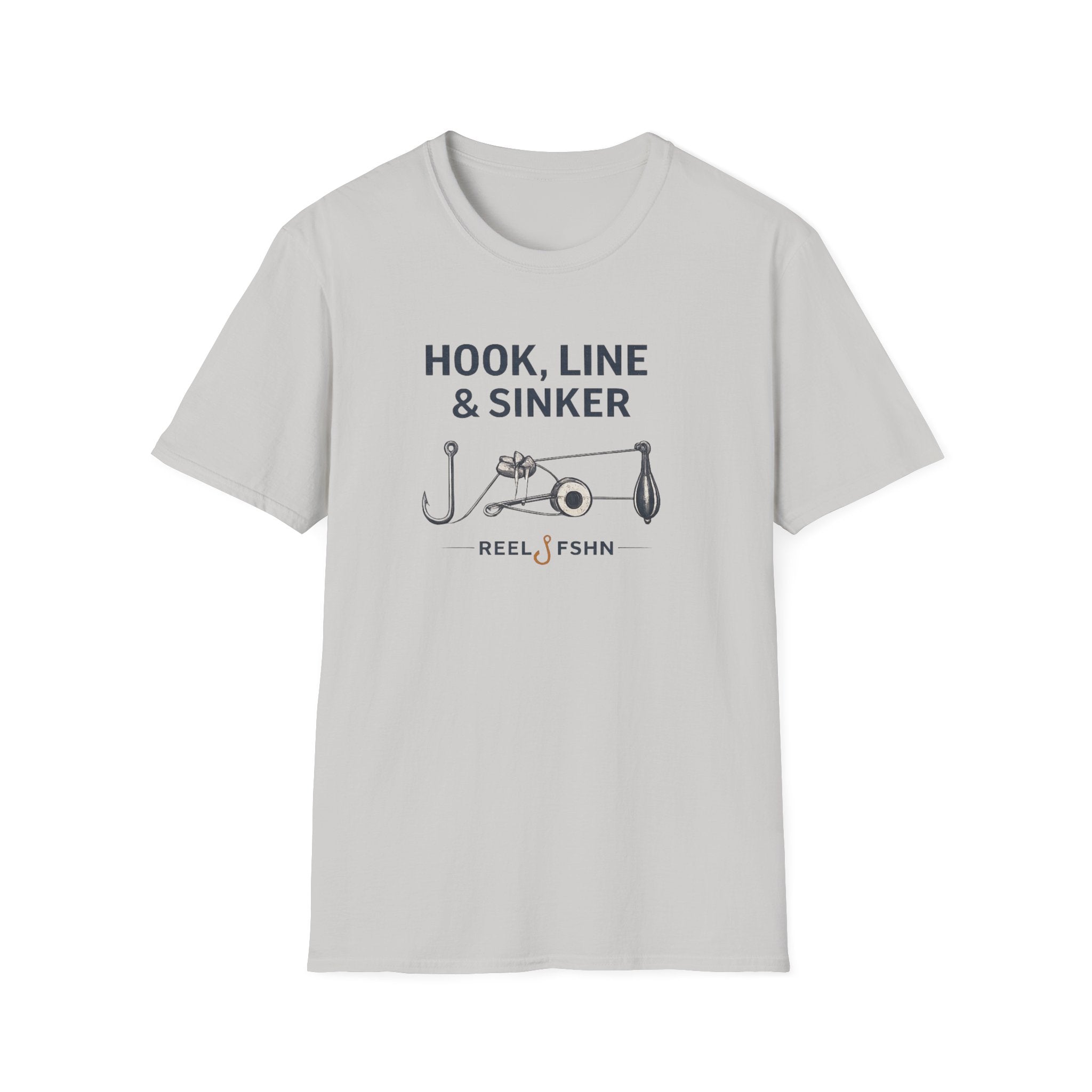 Light gray Comfort Colors t-shirt with "Hook, Line & Sinker" text and fishing reel graphic.