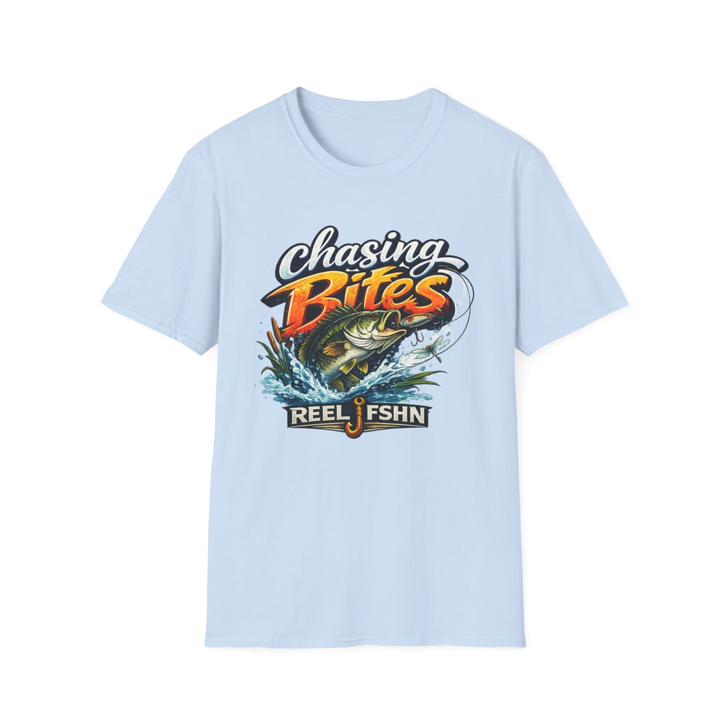 Light blue Comfort Colors unisex t-shirt with "Chasing Bites" text and a bass jumping from water design.