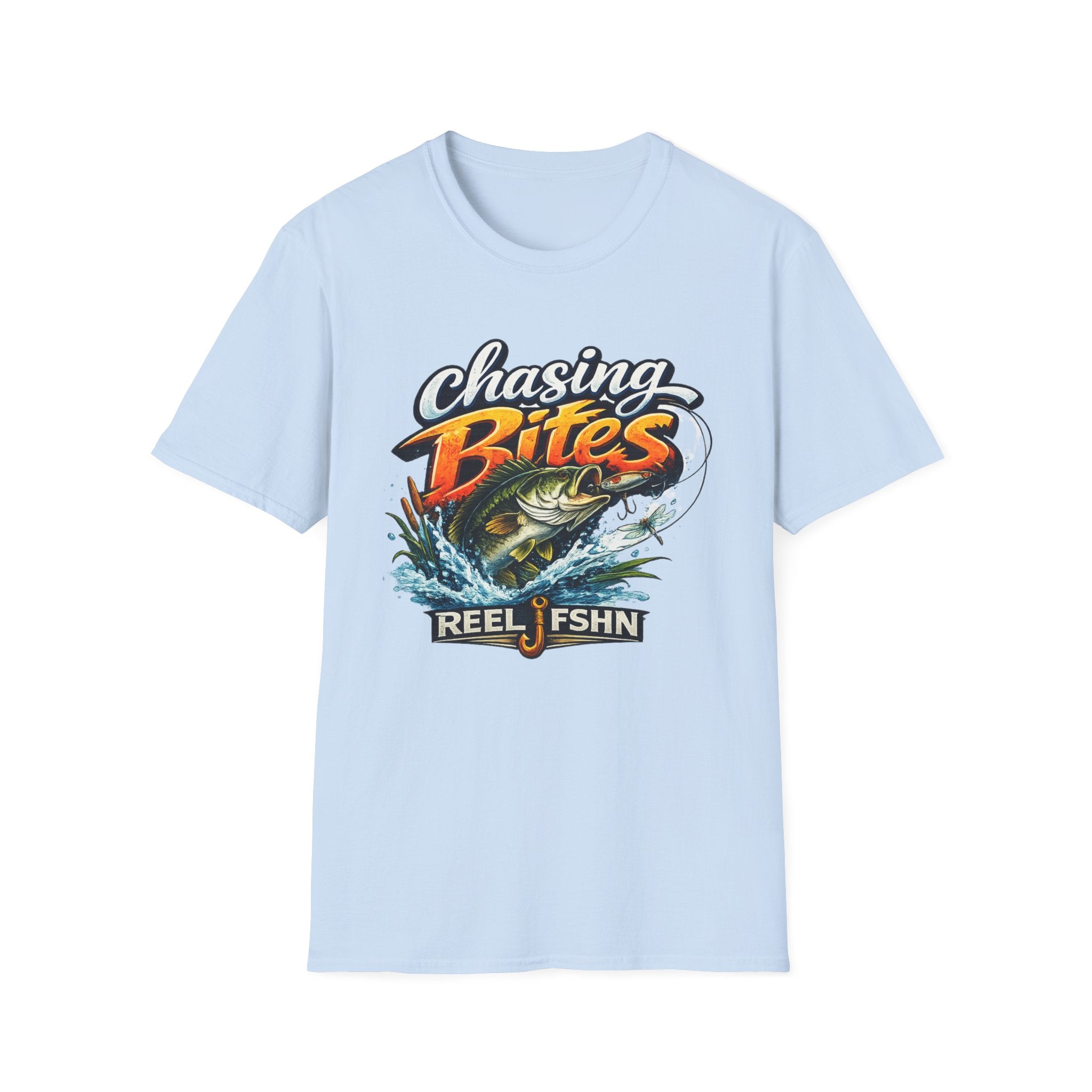 Light blue Comfort Colors unisex t-shirt with "Chasing Bites" text and a bass jumping from water design.