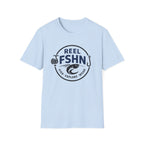 Light blue Comfort Colors unisex t-shirt with a dark blue "Reel FSHN" fishing logo.