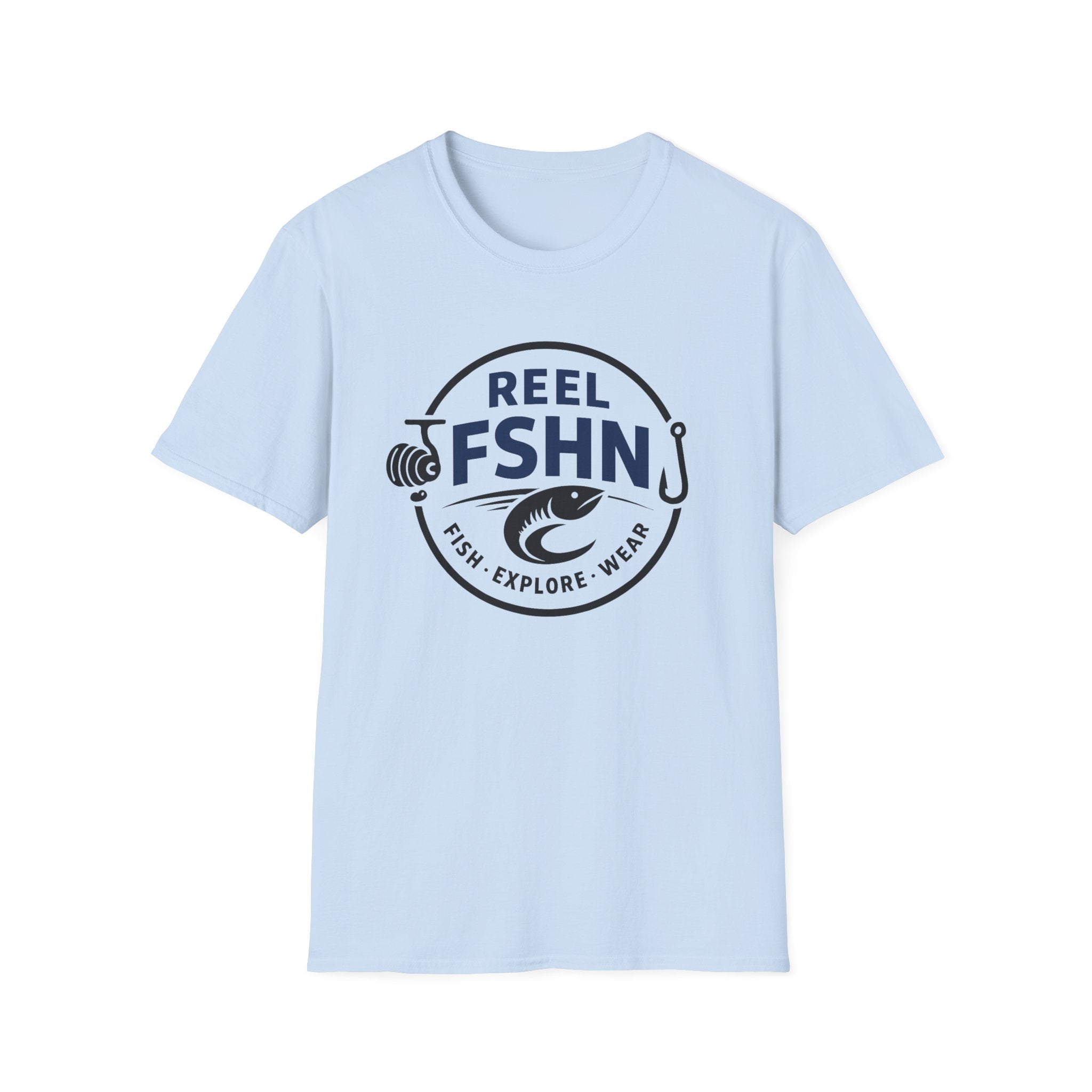 Light blue Comfort Colors unisex t-shirt with a dark blue "Reel FSHN" fishing logo.