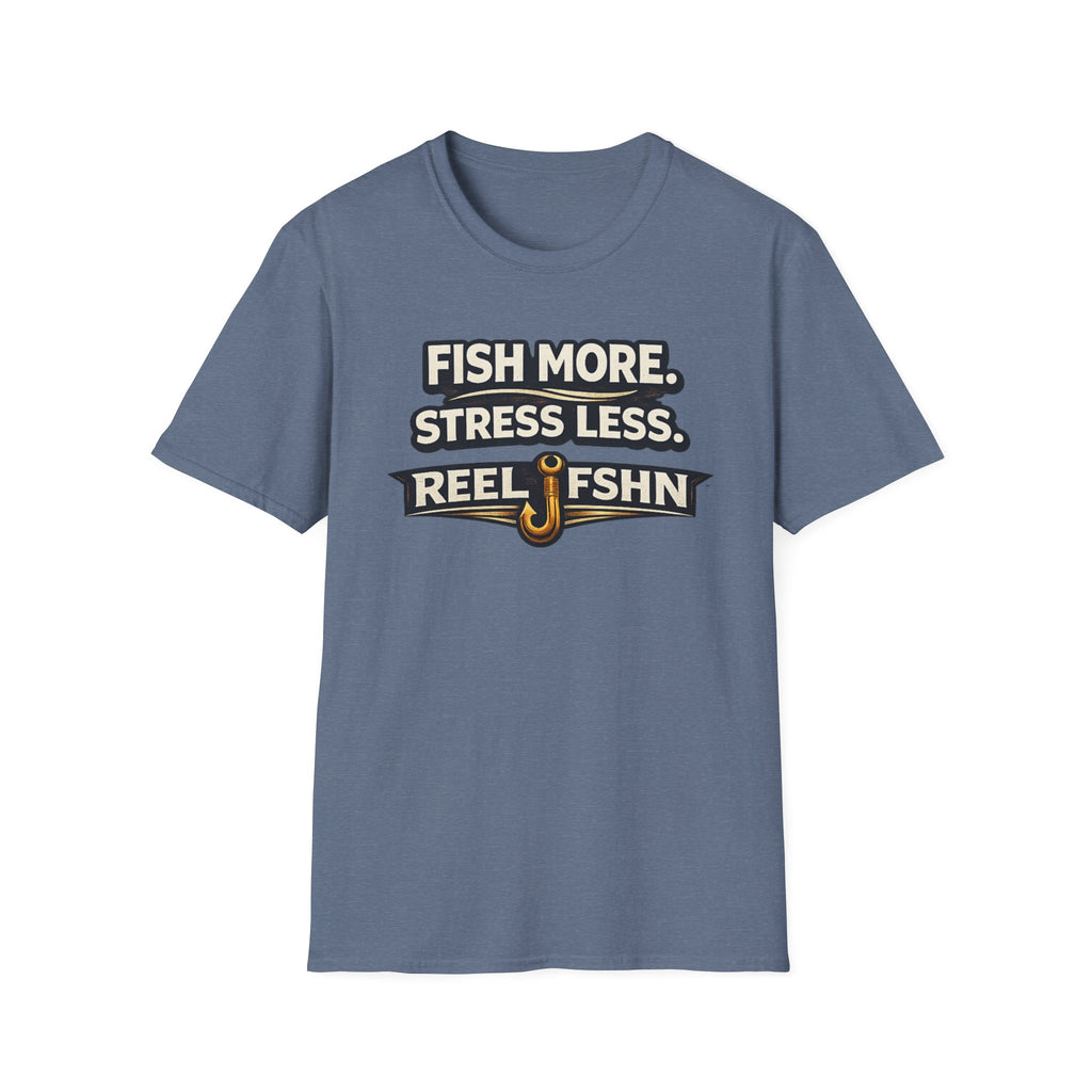 Blue Comfort Colors cotton unisex t-shirt with "Fish More. Stress Less. Reel FSHN" graphic and fishing hook.